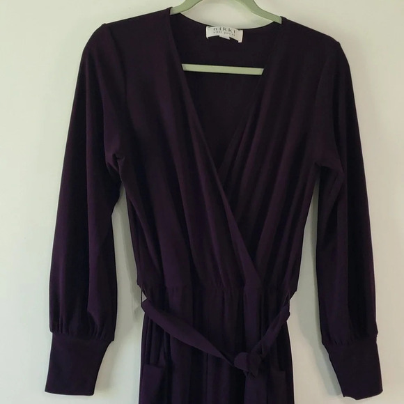Nikki Poulos Jumpsuit Long Sleeved Pockets Belt Elastic Waist Wine Merlot Small - Picture 2 of 16